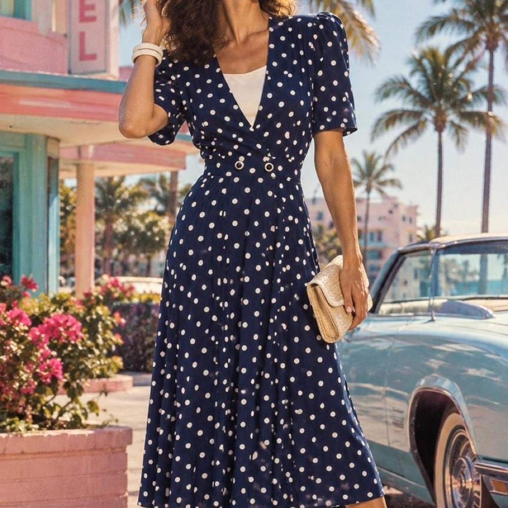 Caroline Wells Collection white & navy polka dot rayon dress